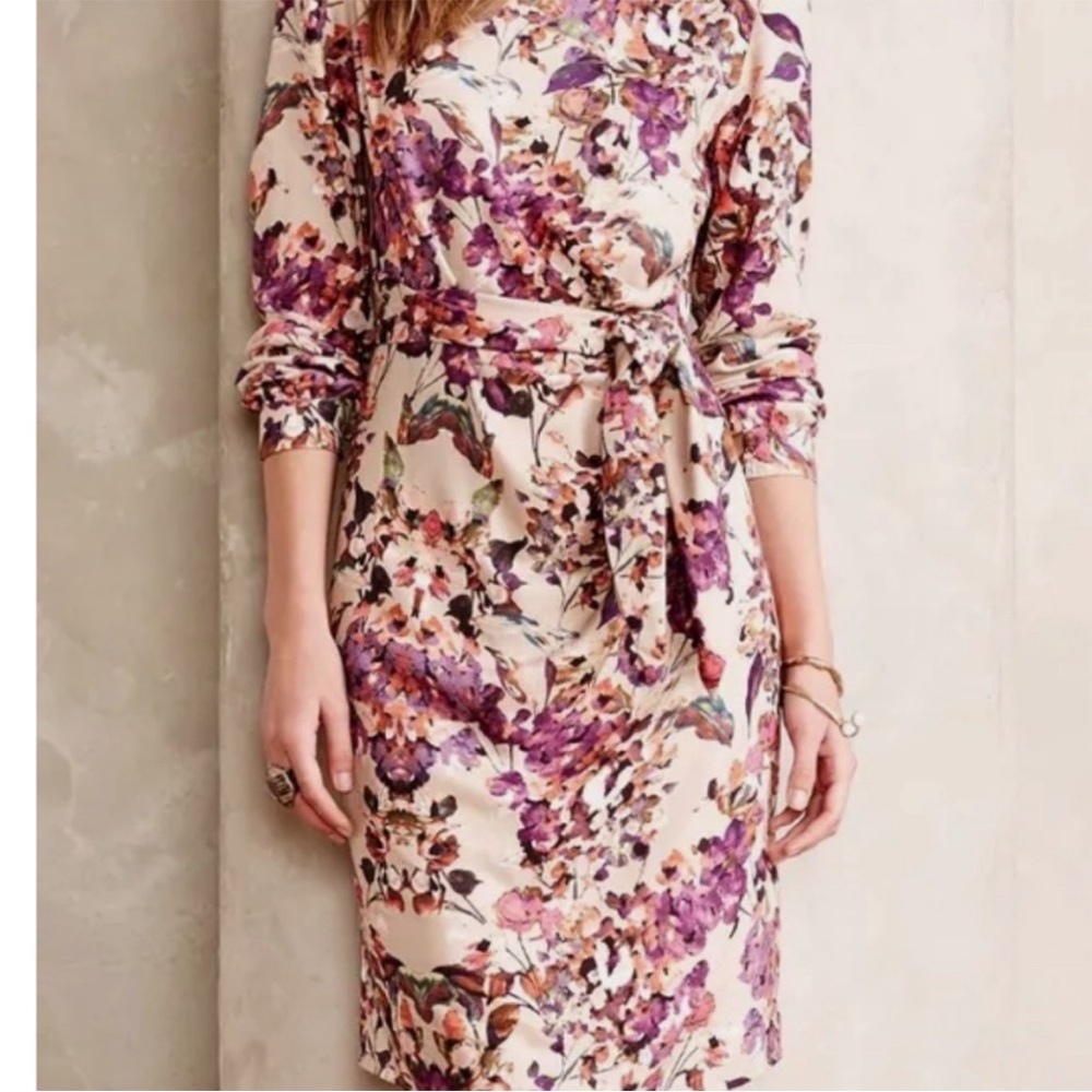 Women's Lavand. Anthropologie Floral Dress Long Sleeves Tie Waist Sz 6 Midi